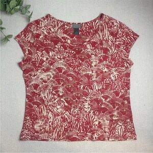 Sigrid Olsen 100% Silk Short Sleeve Blouse Red Tan Scoop Neck Women’s Size L